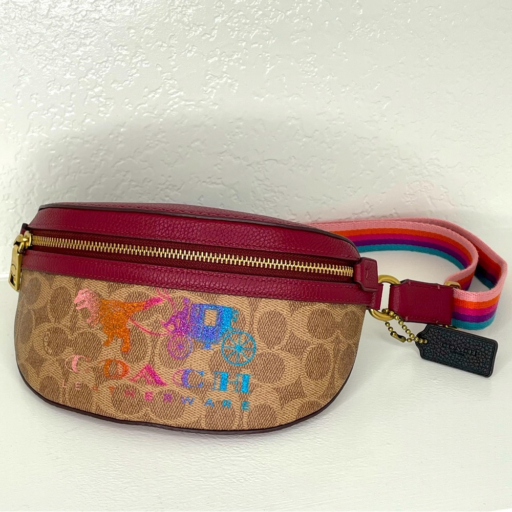Rare Coach Belt Bag In Signature Canvas With Rexy And Carriage-Tan/DeepRed Multi